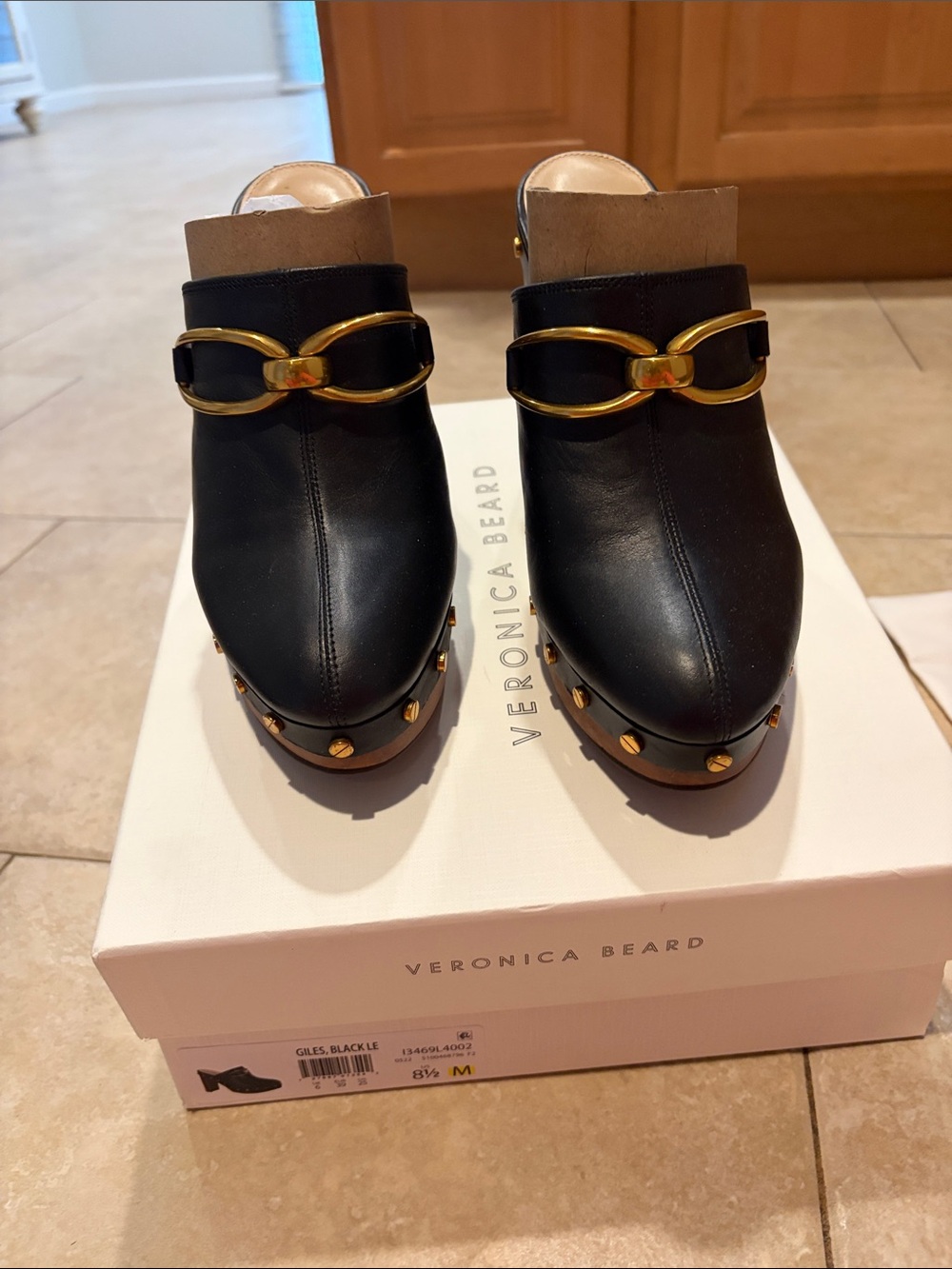 Veronica Beard Black Leather clogs with Gold Chain Accent